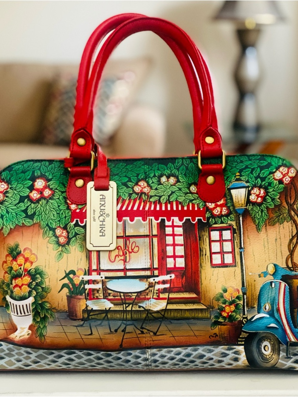 Anuschka Red and Green Painted Cafe Dome Satchel